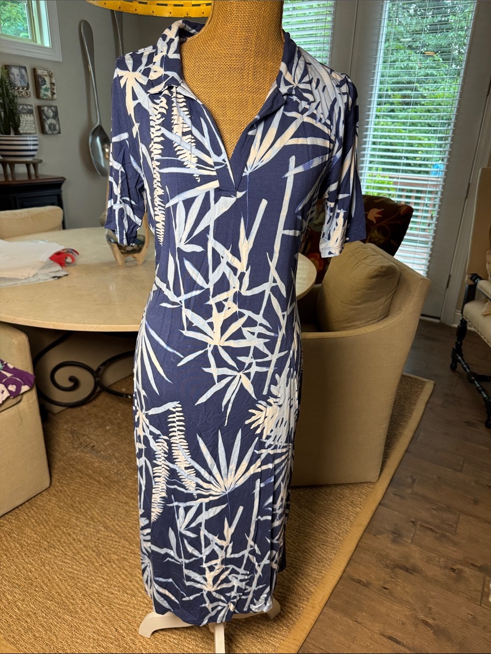 Tori Richard Navy and White Bamboo-Print Midi Dress